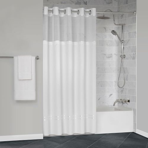 Protect360° Satin Ribbon Shower Curtain, Snap-in Liner, Hook Free, Antimicrobial, 71x74, White/White